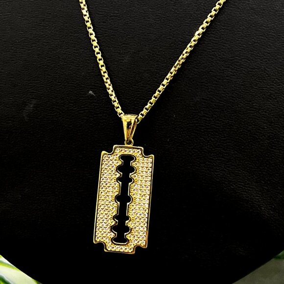New 14K Yellow Gold Razor Blade Pendant Necklace 22" Gifts Womens Cadena Mujer - Picture 1 of 8
